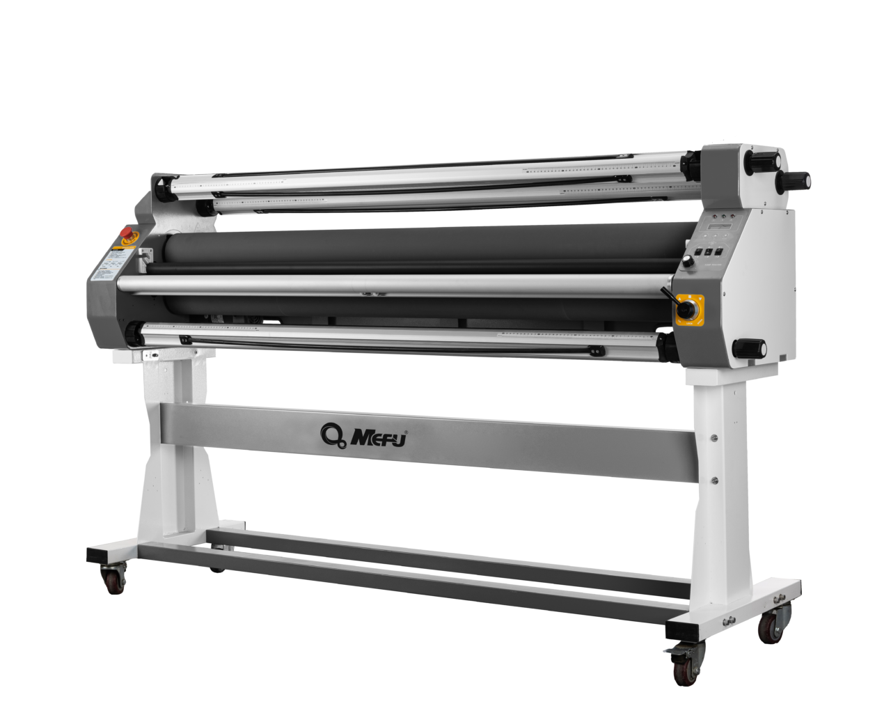 MEFU MF1700-M1 LITE Roll Laminator – Angled View Angled view of MEFU MF1700-M1 LITE wide-format roll laminator with control panel and rollers